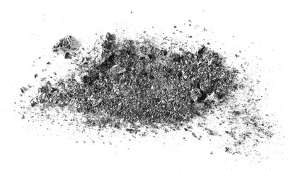 Cigarette ash isolated on white background, texture top view