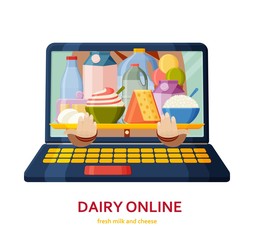Shopping online banner. Dairy products background. Online store concept. Fresh milk and cheese