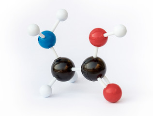 Plastic ball-and-stick model of a glycine molecule on a white background. Glycine is the simplest...