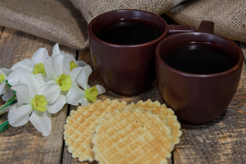 
Good morning, wish you. Breakfast in bed. Coffee in a cup. Daffodils