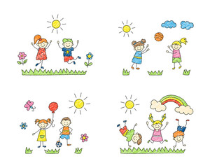 Happy children play on the grass. Cute doodle kids, boys and girls. A set of color isolated scenes. Hand drawn vector illustration on white background