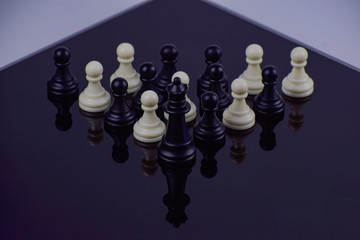 The Queen leads ahead of the black and white pawns.