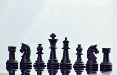 Chess pieces on a bright light background.