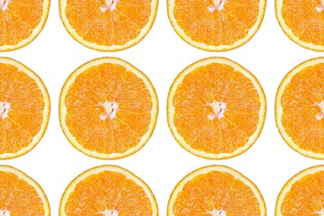 Seamless pattern of isolated slices of orange. Wallpaper for background, design and packaging.