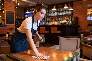 Pretty young waitress in apron using detergent and duster to clean table - Powered by Adobe