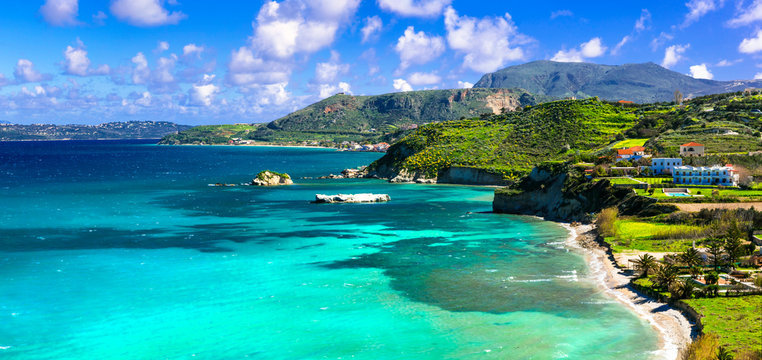 Stunning views of Kalyves bay and beach. Beautiful Crete island scenery, Creece