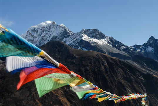 Prayer Flags Below Himalayan Mountains