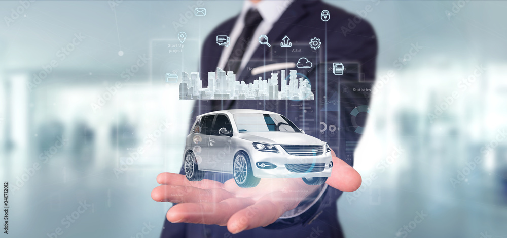 Poster businessman holding dashboard smartcar interface with multimedia icon and city map on a background 3