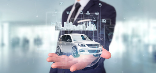 Businessman holding Dashboard smartcar interface with multimedia icon and city map on a background 3d rendering