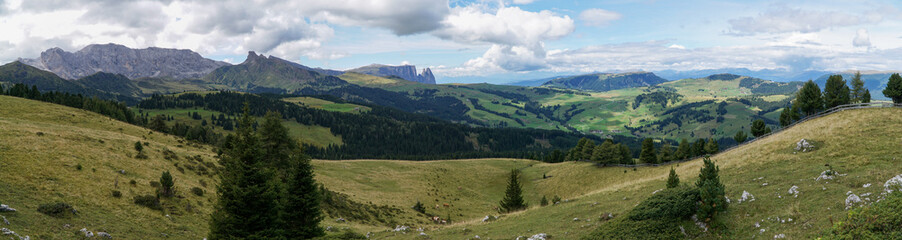 Wonderful view into the wide and open landscape of Alp de Siusi - Mont Seuc. Gardena Valley, South Tyrol, Italy, Europe.