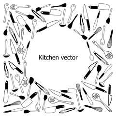 Set of doodle kitchen tools on white. Vector illustration. Perfect for wallpaper, pattern fills, textile, web page background, surface textures.