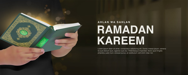 Ramadan Kareem Vector Illustration Background Template 3d Realistict a man reading Quran Design. Eid mubarak, Islamic banner, poster, web, flyer,illustration, brochure