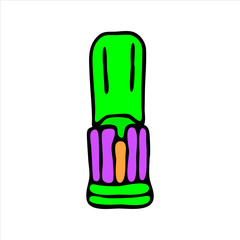 Orthodontic toothbrush with recess. Personal hygiene products cleaning external part of dental braces. Color vector isolated template flat doodle realistic drawing black outline white background icon