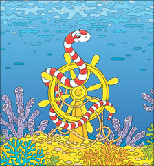 Striped red and white venomous snake twisted around an old ship helm among corals of a colorful reef in a tropical sea, vector cartoon illustration