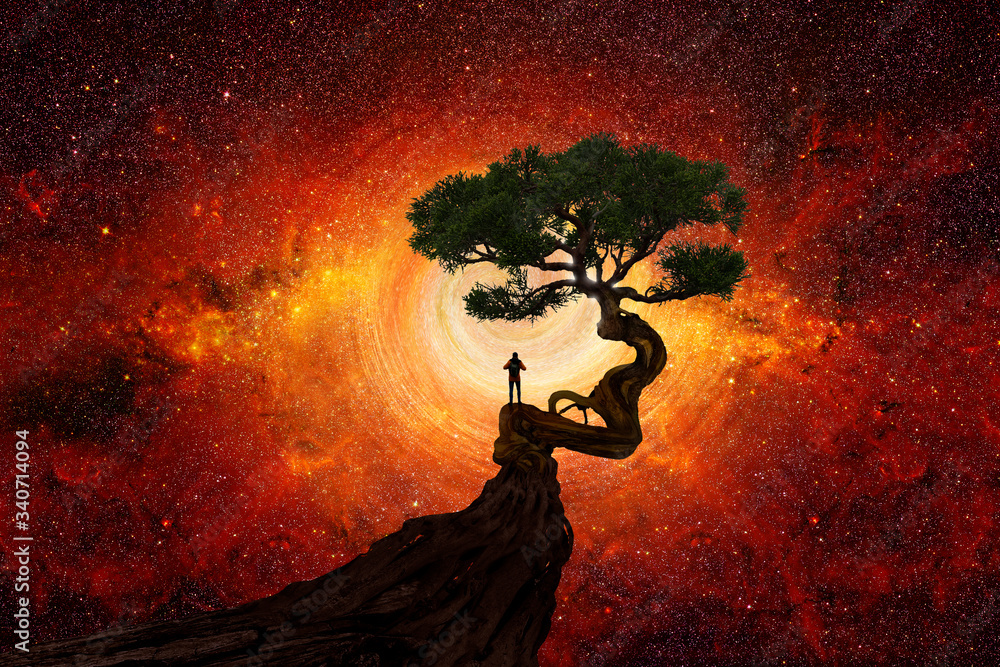 Wall mural man under a tree in front of the universe