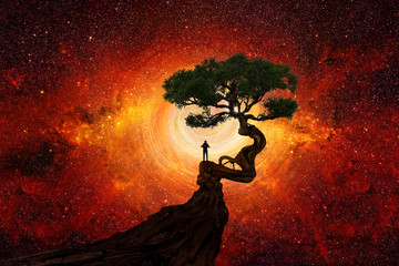 Fototapeta Man under a tree in front of the universe obraz