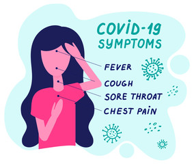 COVID-19 symptoms. Healthcare and medicine infographic. Signal of Coronavirus. Cough, Fever, Sore throat, chest pain. Woman in vector illustration in flat style.