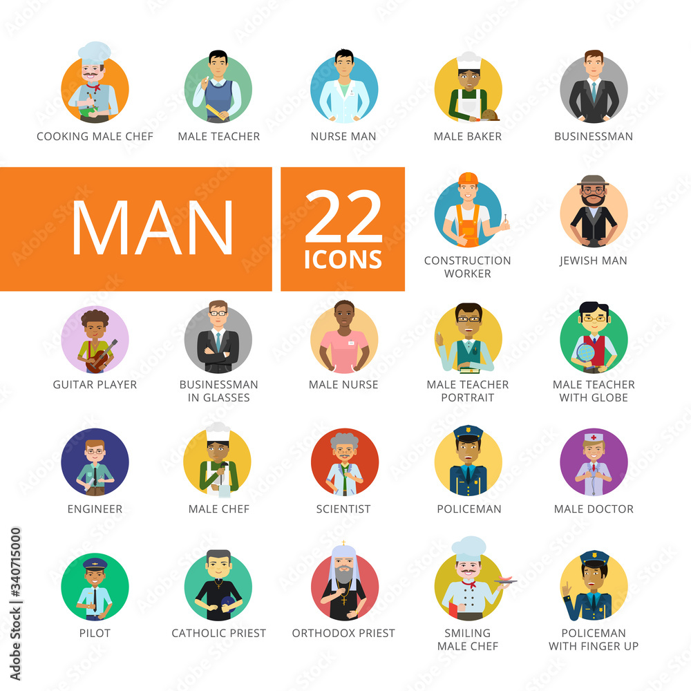 Aufkleber men icons set. twenty two multicolored flat illustrations of men of different professions