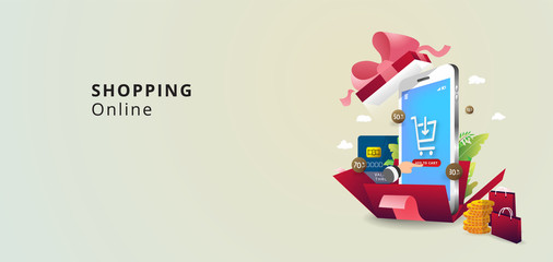 Surprise red gift box with pink ribbon. Open gift box Party, Shopping poster. Valentine's Day design. Shopping online concpet.