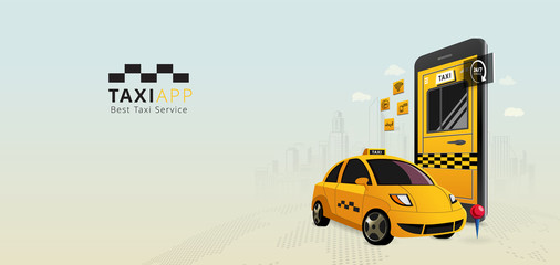 Taxi online banner. Online mobile application order taxi service concept horizontal illustration. Flat 3d vector perspective. Vector illustration