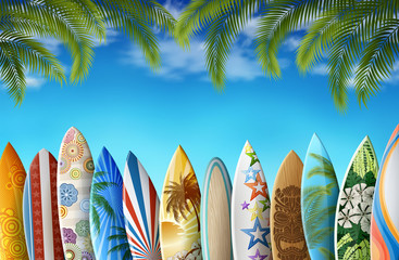 Background with Surfboards and Palm Leafs