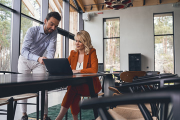 Pleased focused businesswoman staring at a laptop screen