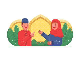 ramadan greeting card. celebrating the holy month of islam religion. two people wearing dress and hijab meet on front of mosque. vector illustration design