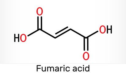 Fumaric acid, C4H4O4, molecule. It is unsaturated dicarboxylic acid, food additive E297. Skeletal chemical formula