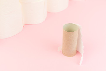 Image of finished toilet paper roll in front of new tower at pastel background.