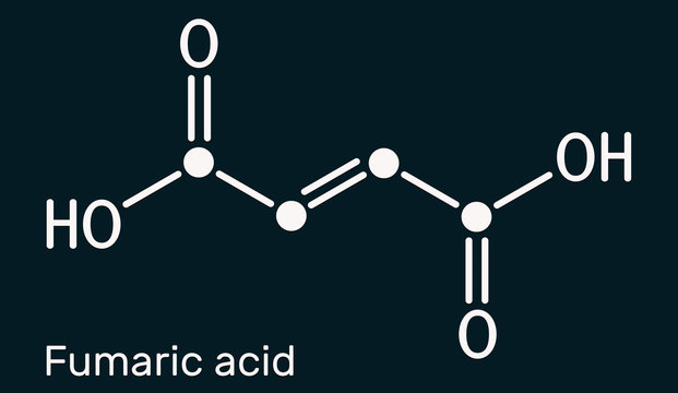Fumaric acid, C4H4O4, molecule. It is unsaturated dicarboxylic acid, food additive E297. Skeletal chemical formula on the dark blue background