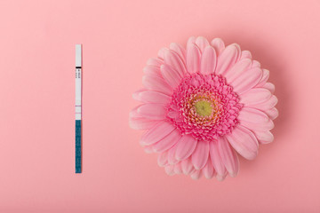 A real real pregnancy test on a pink background with a gerbera flower close-up.