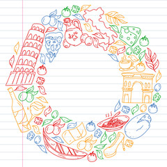 Italy vector elements and icons. Doodle pattern with italian culture, cities Roma, Venice, Milan, cheese, wine.