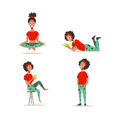 The girl is meditating, doing yoga in the lotus position, sitting on a chair holding a mug