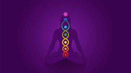 Kundalini - coiled snake. Meditating yoga woman with chakras on violet background, symbol for spiritual awakening, healing power and balance, celestial harmony and relaxation.
 - obrazy, fototapety, plakaty