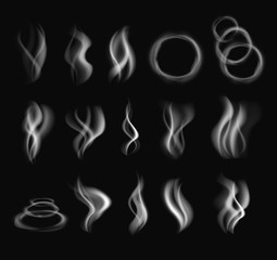 Realistic smoke steam isolated set. Vector flat graphic design illustration