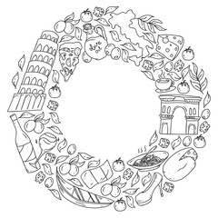 Italy vector elements and icons. Doodle pattern with italian culture, cities Roma, Venice, Milan, cheese, wine.