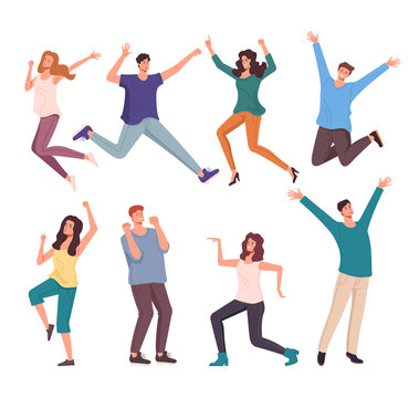 Happy smiling people characters jumping isolated set. Vector flat cartoon graphic design illustration