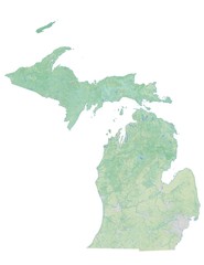 High resolution topographic map of Michigan with land cover, rivers and shaded relief in 1:1.000.000 scale.