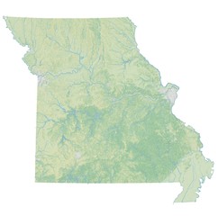 High resolution topographic map of Missouri with land cover, rivers and shaded relief in 1:1.000.000 scale.
