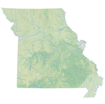 High resolution topographic map of Missouri with land cover, rivers and shaded relief in 1:1.000.000 scale.