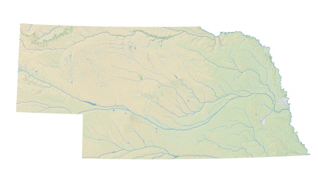 High resolution topographic map of Nebraska with land cover, rivers and shaded relief in 1:1.000.000 scale.