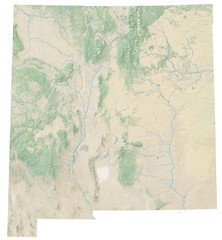 High resolution topographic map of New Mexico with land cover, rivers and shaded relief in 1:1.000.000 scale.