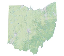 High resolution topographic map of Ohio with land cover, rivers and shaded relief in 1:1.000.000 scale.