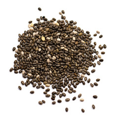 dark Chia seeds isolated on a white background. small grains of Spanish sage, similar to beans, taste like a nut, gray-white-black color with a relief pattern. health product