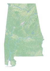 High resolution topographic map of Alabama with land cover, rivers and shaded relief in 1:1.000.000 scale.