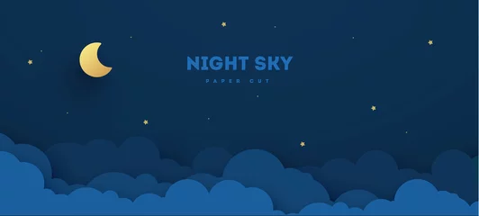 Fotobehang Paper cut night sky. Dreamy background with stars and clouds, abstract fantasy background. Vector origami styling design backdrop illustration © Vitaliy