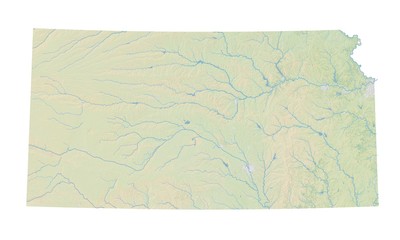 High resolution topographic map of Kansas with land cover, rivers and shaded relief in 1:1.000.000 scale.