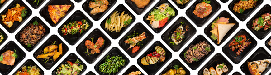 Collection of black plastic take away boxes with healthy food. Set of containers with everyday...