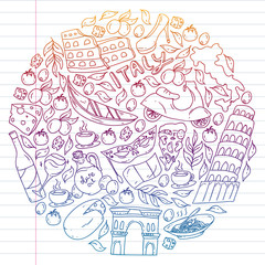 Italy vector elements and icons. Doodle pattern with italian culture, cities Roma, Venice, Milan, cheese, wine.