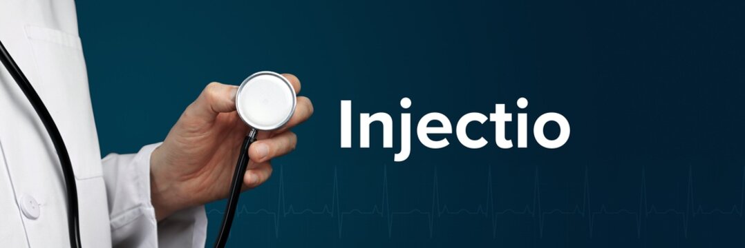 Injectio. Arzt im Kittel h&auml;lt Stethoskop. Das Wort Injectio steht daneben. Symbol f&uuml;r Medizin, Krankheit, Gesundheit